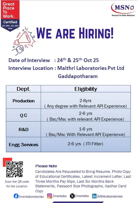Maithri Laboratories Hiring For Production, QC, R&D, Engg