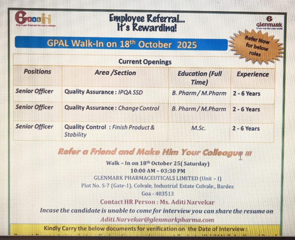 Glenmark Pharmaceuticals Hiring For Quality Control, Quality Assurance