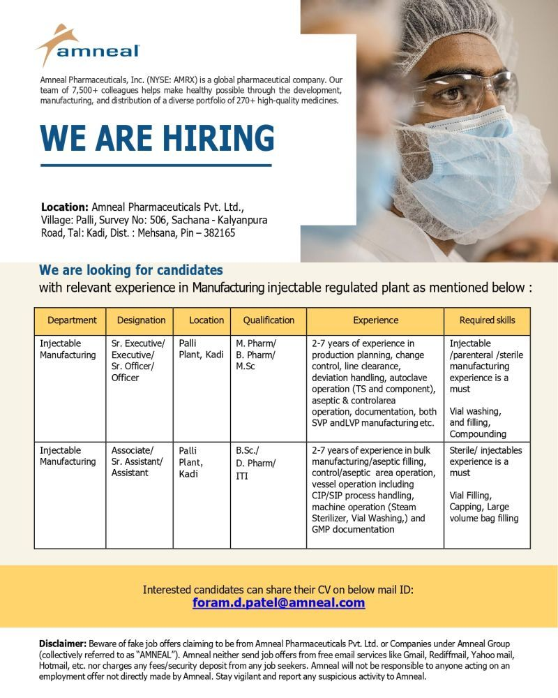 Amneal Pharmaceuticals Hiring For Injectable Manufacturing