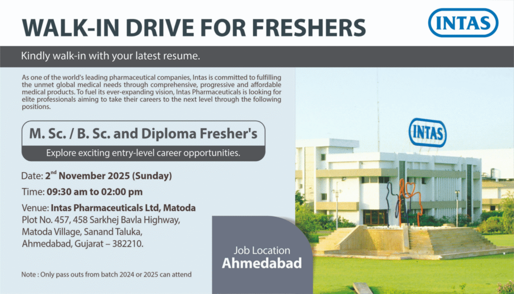 Freshers Needed In pharmaceutical manufacturing, Quality assurance At Intas Pharmaceuticals