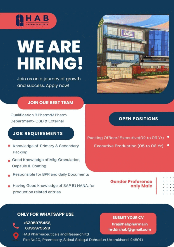 HAB Pharmaceuticals Hiring For Production, Packing