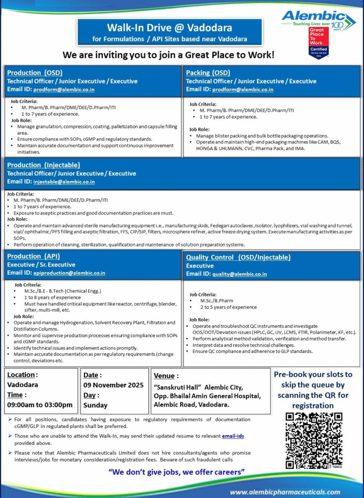Alembic Pharmaceuticals Hiring For Production / Packing / Quality Control