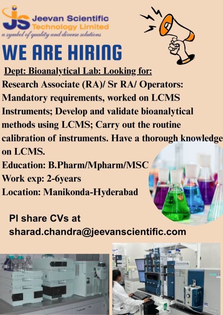 Jeevan Scientific Hiring For Bioanalytical Lab