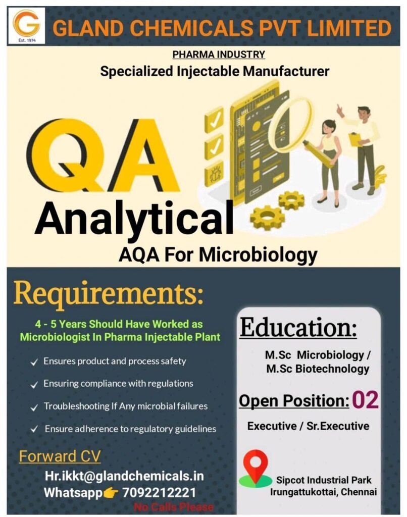 Gland Chemicals Hiring For AQA Microbiology