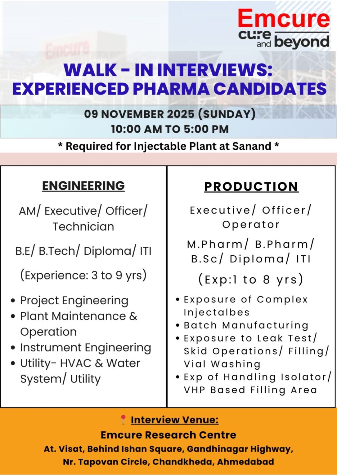 Emcure Pharmaceuticals Hiring For Production, Engineering
