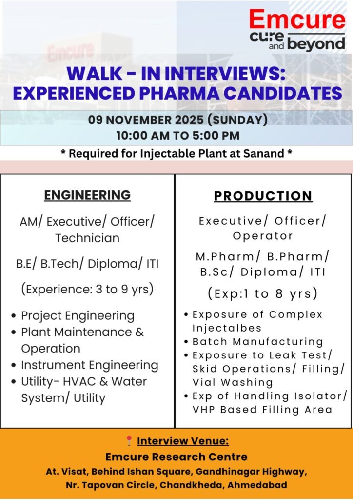 Emcure Pharmaceuticals Hiring For Production, Engineering Emcure Pharmaceuticals Hiring For Production, Engineering