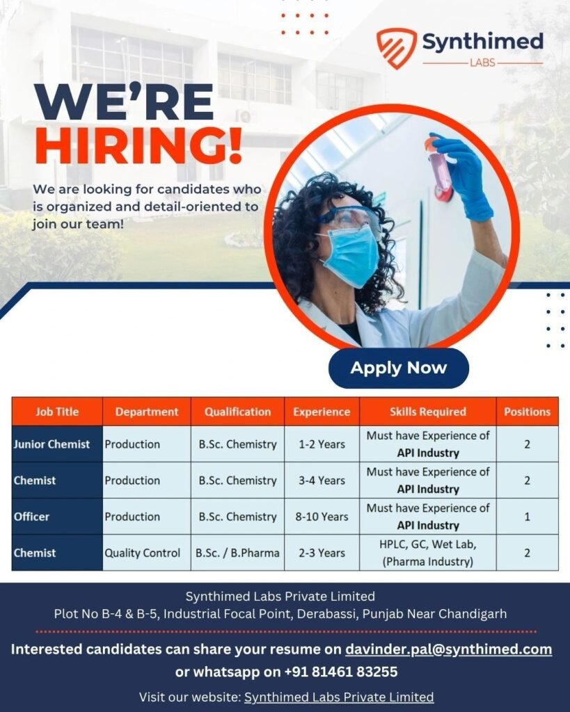 Synthimed Labs Private Hiring For Production, Quality Control