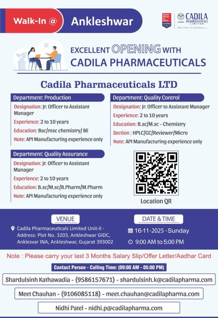 Cadila Pharmaceuticals Hiring For Production, Quality Assurance, Quality Control Cadila Pharmaceuticals Hiring For Production, Quality Assurance, Quality Control