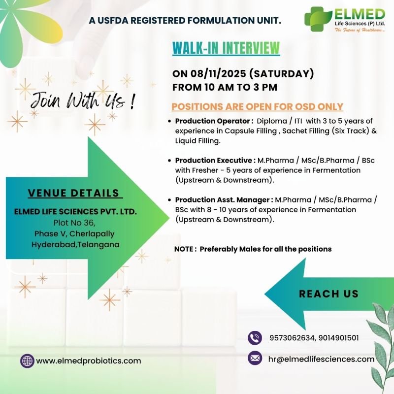 Freshers Needed In Production At ELMED Life Sciences