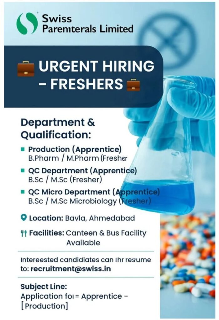 Freshers Needed In Production, QC At Swiss Parenterals Limited