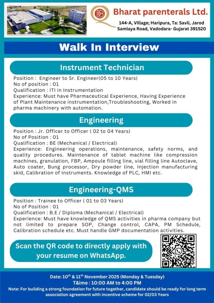 Bharat Parenterals Hiring For Instrument Technician, Engineering