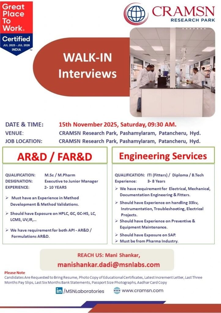 CRAMSN Research Hiring For AR&D / FAR&D / Engineering / Maintenance CRAMSN Research Hiring For AR&D / FAR&D / Engineering / Maintenance