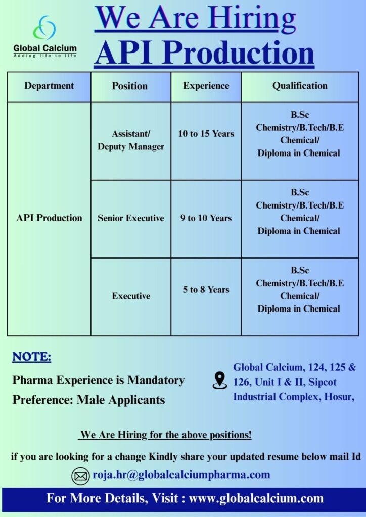 Global Calcium Hiring For Production Department Global Calcium Hiring For Production Department