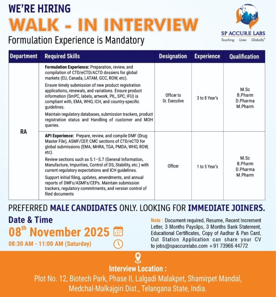SP Accure Labs Hiring For Regulatory Affairs SP Accure Labs Hiring For Regulatory Affairs