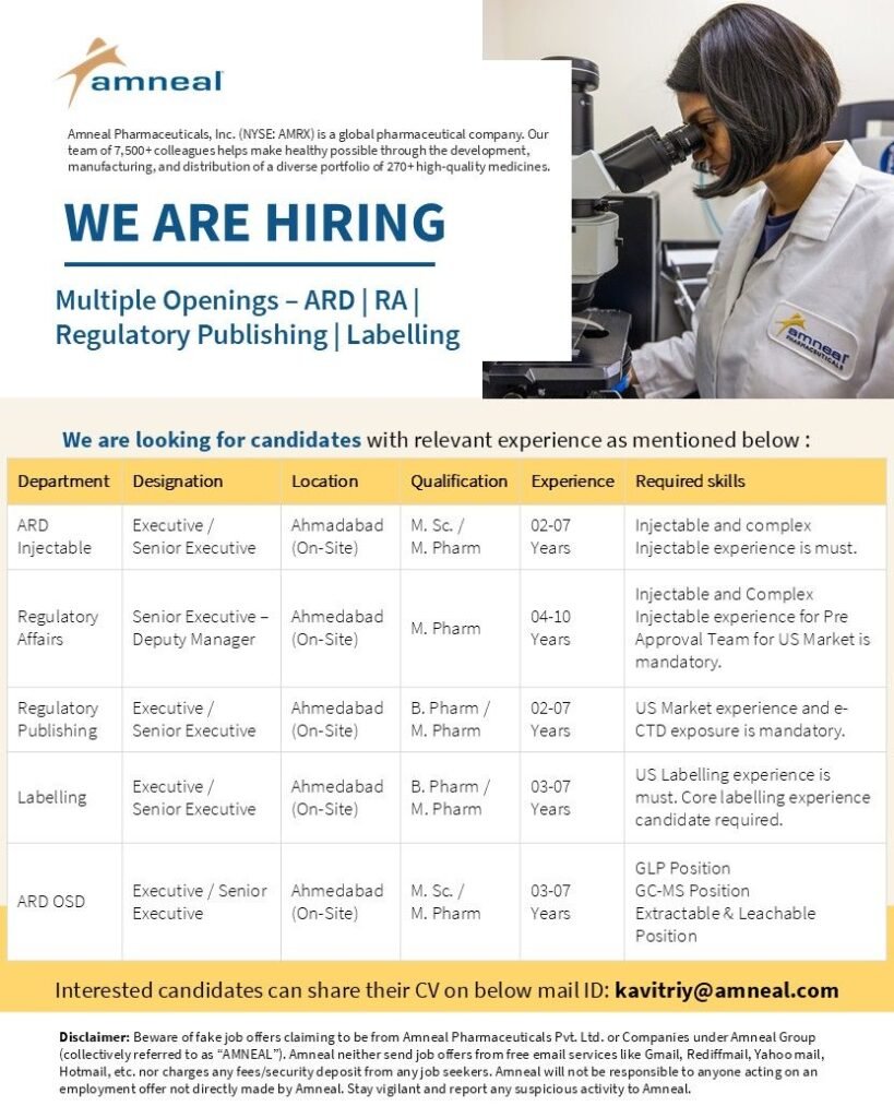Amneal Pharmaceuticals Hiring Regulatory Affairs / ARD Injectable / Regulatory Publishing / Labelling Amneal Pharmaceuticals Hiring Regulatory Affairs / ARD Injectable / Regulatory Publishing / Labelling