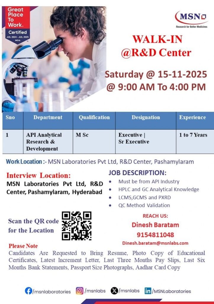 MSN Laboratories Hiring For Analytical Research & Development MSN Laboratories Hiring For Analytical Research & Development