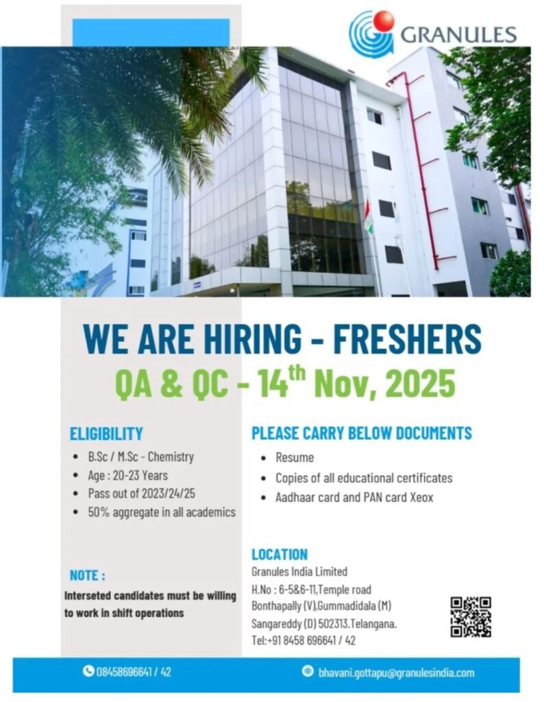 Freshers Needed In QA & QC At Granules India Limited