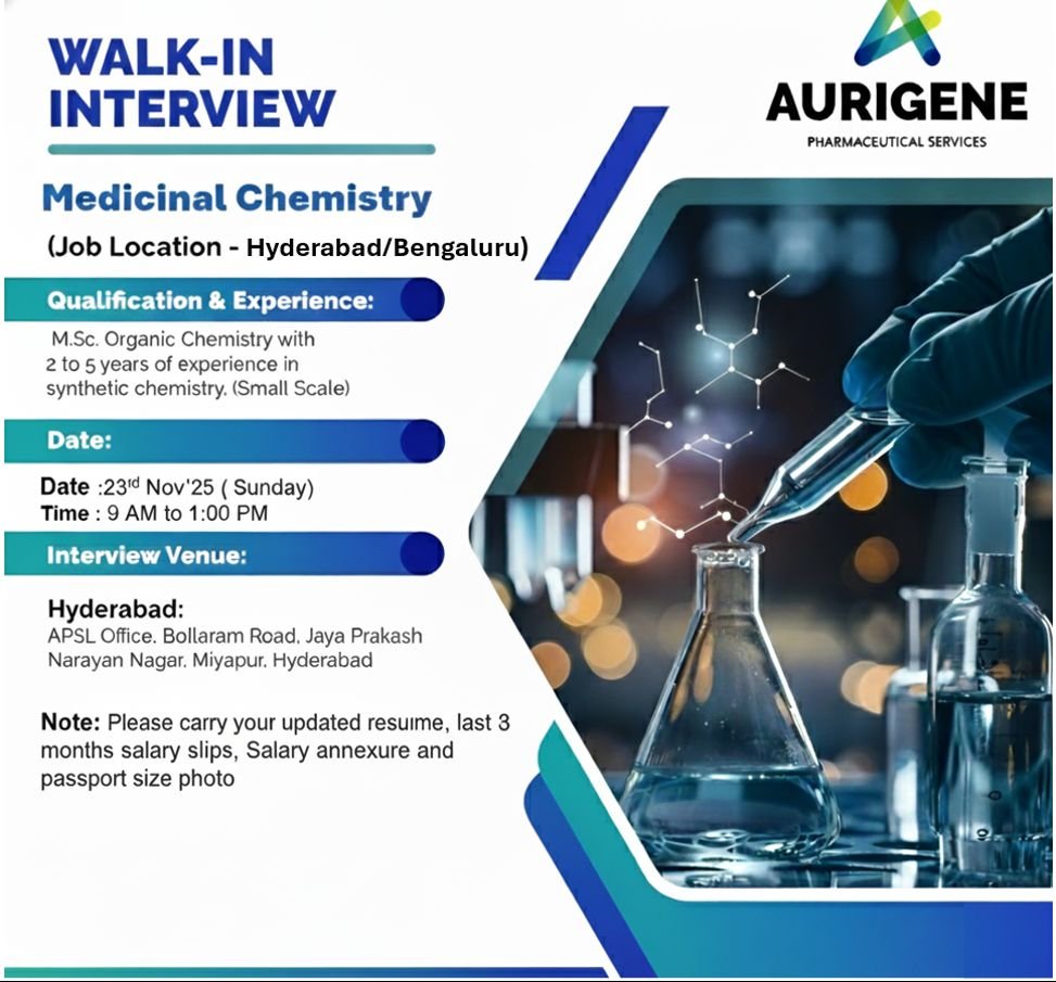 Aurigene Pharmaceutical Hiring For medicinal chemistry Aurigene Pharmaceutical Hiring For medicinal chemistry