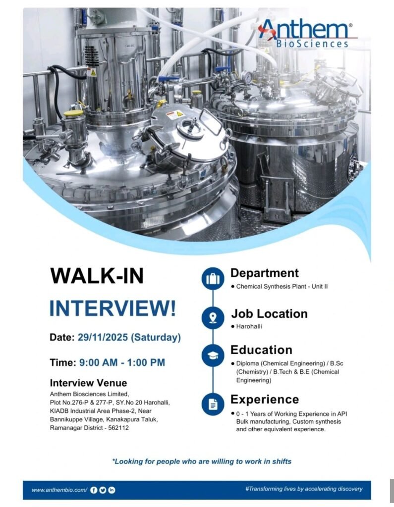 Freshers Needed In Chemical Synthesis Plant At Anthem Biosciences Freshers Needed In Chemical Synthesis Plant At Anthem Biosciences