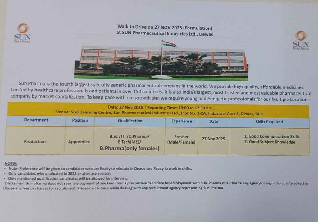 Sun Pharma Hiring Freshers For Production Apprentice Sun Pharma Hiring Freshers For Production Apprentice