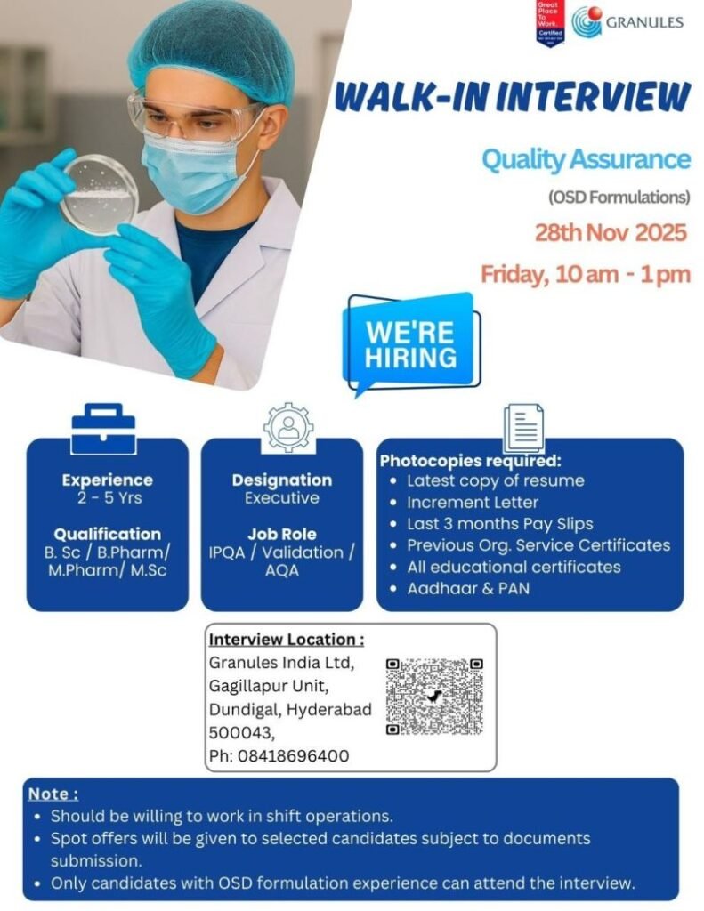 Granules India Hiring For Quality Assurance