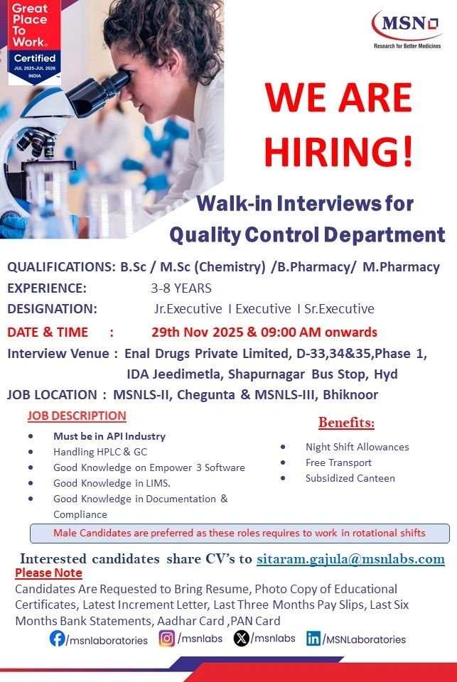 Freshers Needed In Production, Research & Development, QC At MSN Labs