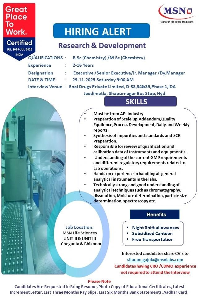 Freshers Needed In Production, Research & Development, QC At MSN Labs