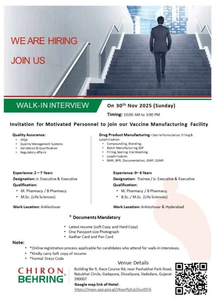 Freshers Needed In QA, Drug Product Manufacturing At Chiron Behring