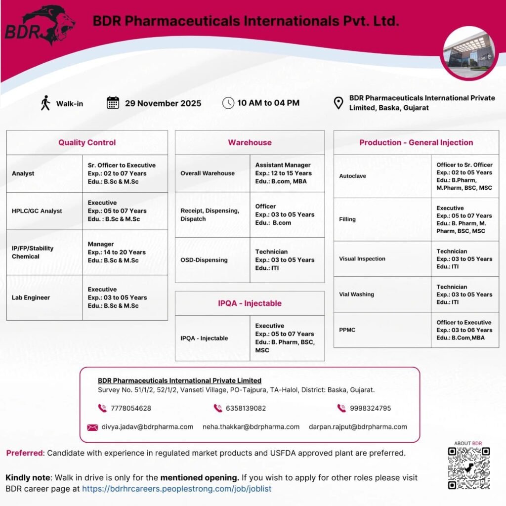 BDR Pharmaceuticals Hiring For Production, Warehouse, Quality Control, IPQA BDR Pharmaceuticals Hiring For Production, Warehouse, Quality Control, IPQA