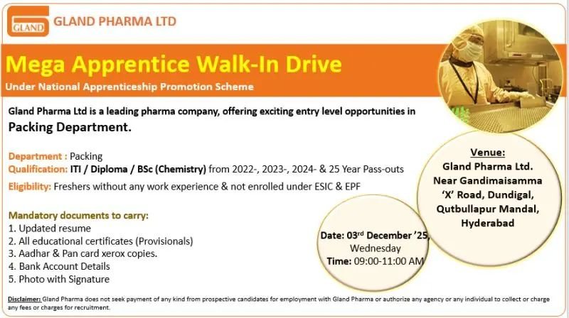 Freshers Needed In Apprentice Packing department Gland Pharma