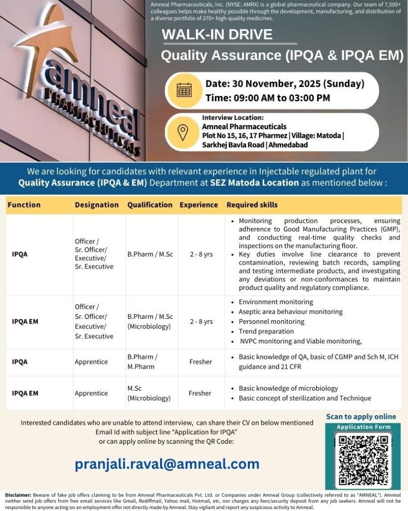 Freshers Needed In Quality Assurance At Amneal Pharmaceuticals