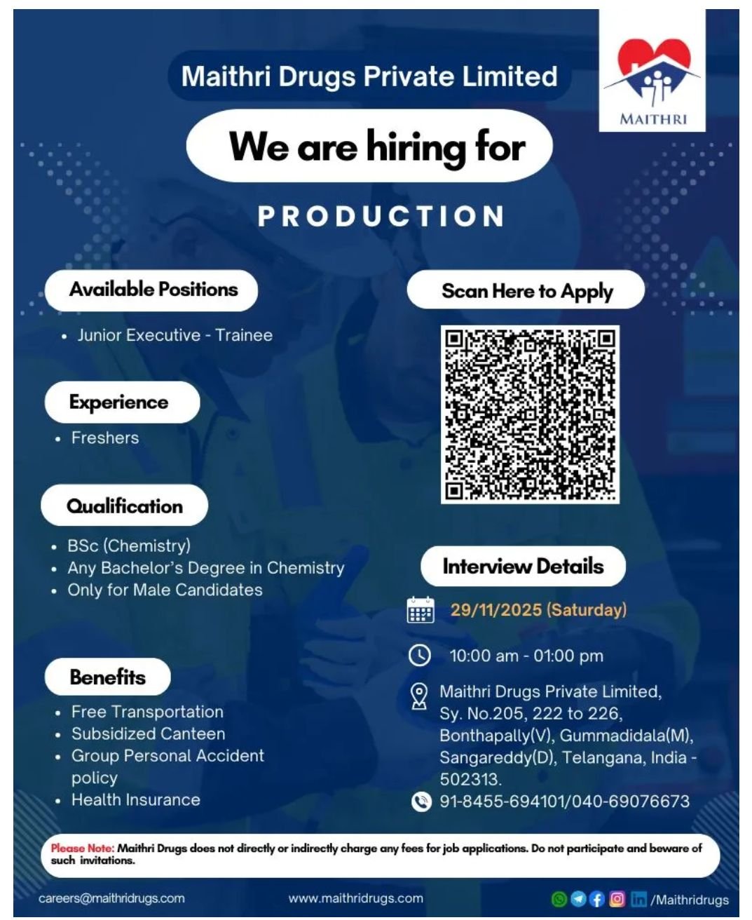 Freshers Needed In Production, R&D, and Quality Control, Warehouse At Maithri Drugs Freshers Needed In Production, R&D, and Quality Control, Warehouse At Maithri Drugs