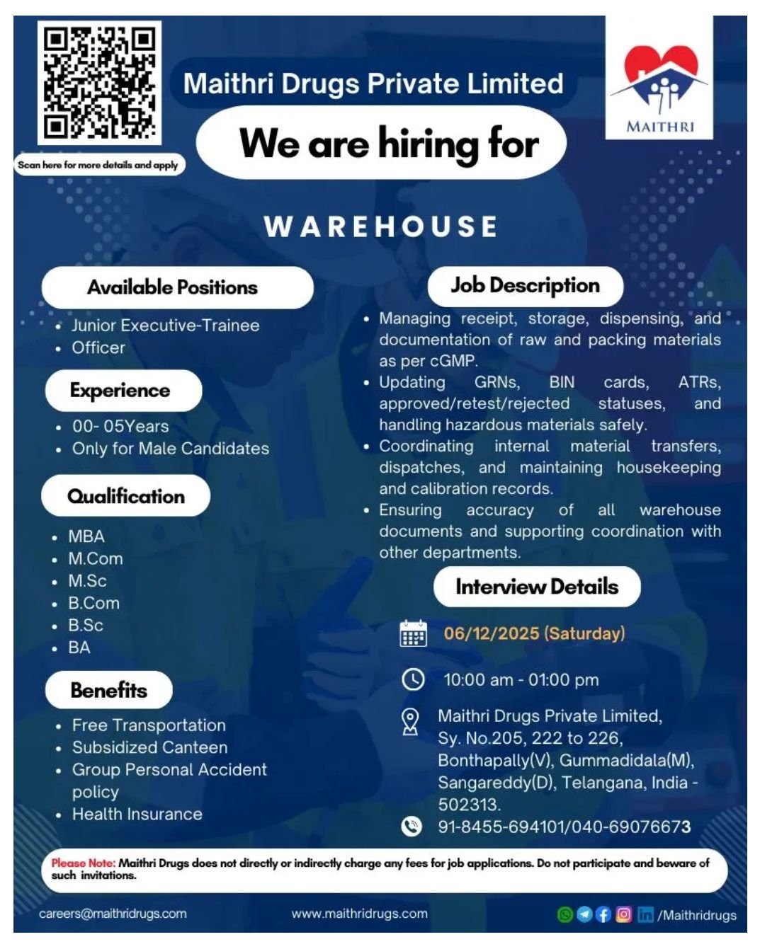 Freshers Needed In Production, R&D, and Quality Control, Warehouse At Maithri Drugs Freshers Needed In Production, R&D, and Quality Control, Warehouse At Maithri Drugs