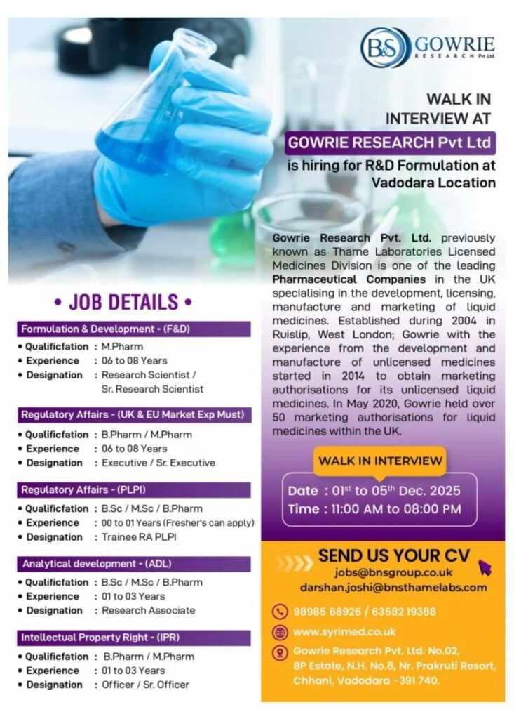 Freshers Needed In ADL, F&D, Regulatory Affairs At Gowrie Research Freshers Needed In ADL, F&D, Regulatory Affairs At Gowrie Research