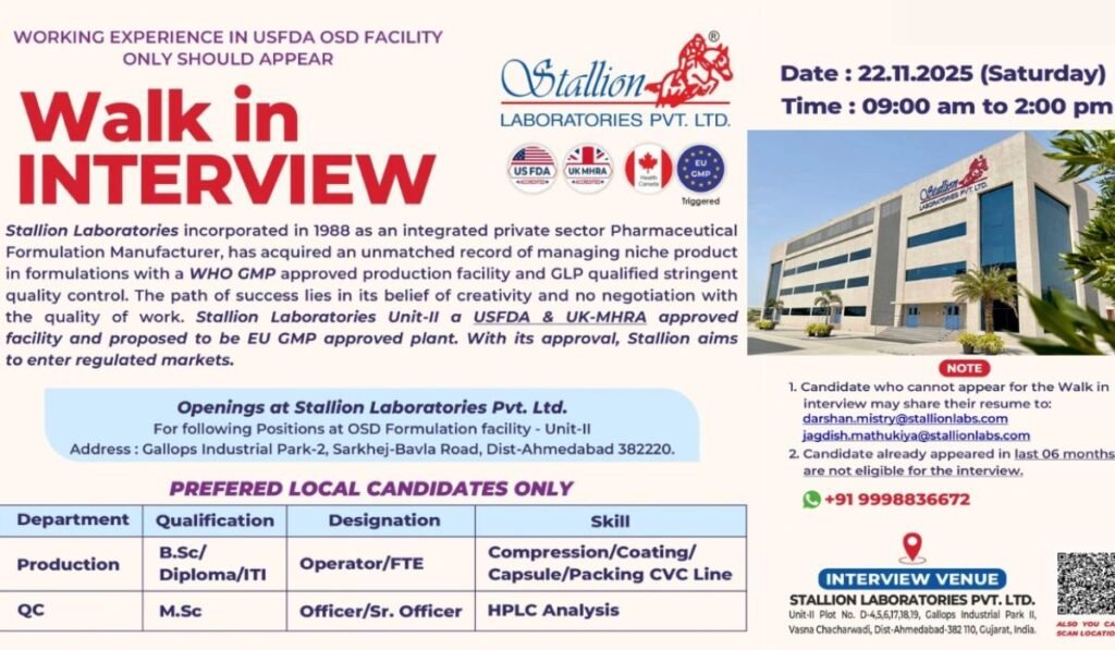 Stallion Laboratories Hiring For Production, QC