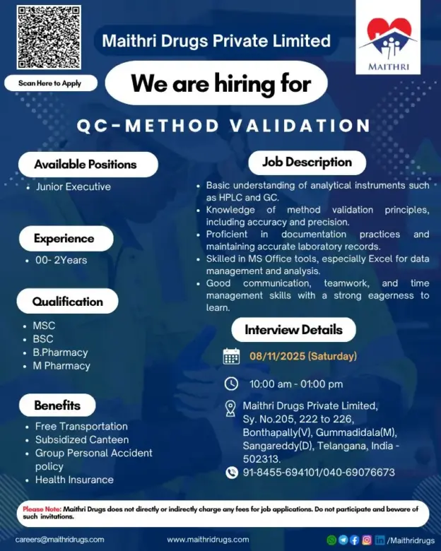 Freshers Needed In Junior Executive - QC Method Validation At Maithri Drugs Private Limited Freshers Needed In Junior Executive - QC Method Validation At Maithri Drugs Private Limited