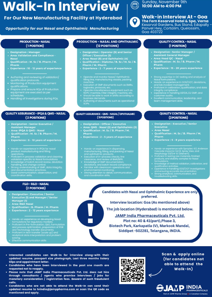 JAMP India Hiring For QA, QC, Production, F&D - R&D