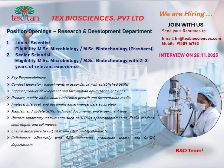 Freshers Needed In Research & Development At TEX Biosciences