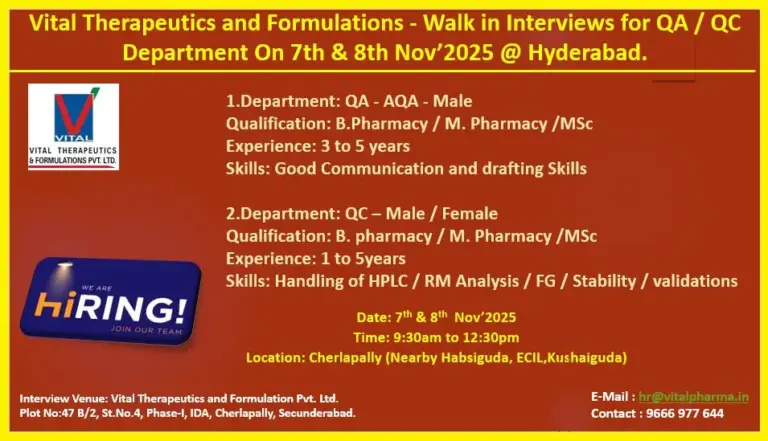 Vital Therapeutics Hiring For Quality Assurance - AQA / Quality Control Vital Therapeutics Hiring For Quality Assurance - AQA / Quality Control