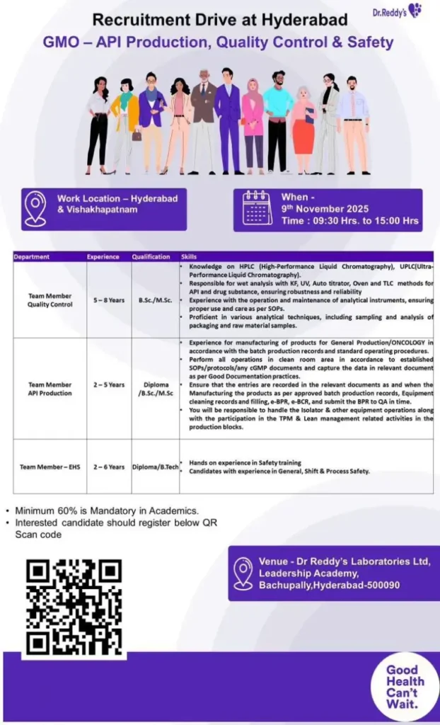 Dr. Reddy's Laboratories Hiring For Production, Quality Control, EHS Dr. Reddy's Laboratories Hiring For Production, Quality Control, EHS