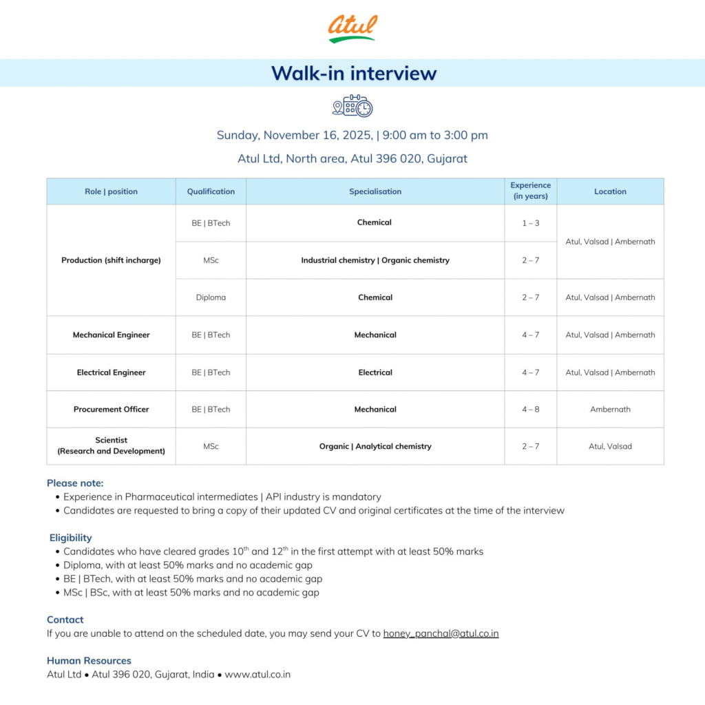 Atul Hiring For Production, Mechanical, Electrical, Procurement, Scientist Atul Hiring For Production, Mechanical, Electrical, Procurement, Scientist