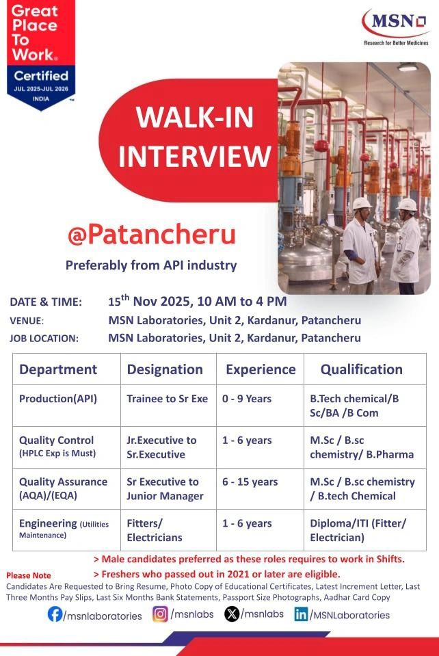 Freshers Needed In Production, Engineering, QA, QC MSN Laboratories Freshers Needed In Production, Engineering, QA, QC MSN Laboratories