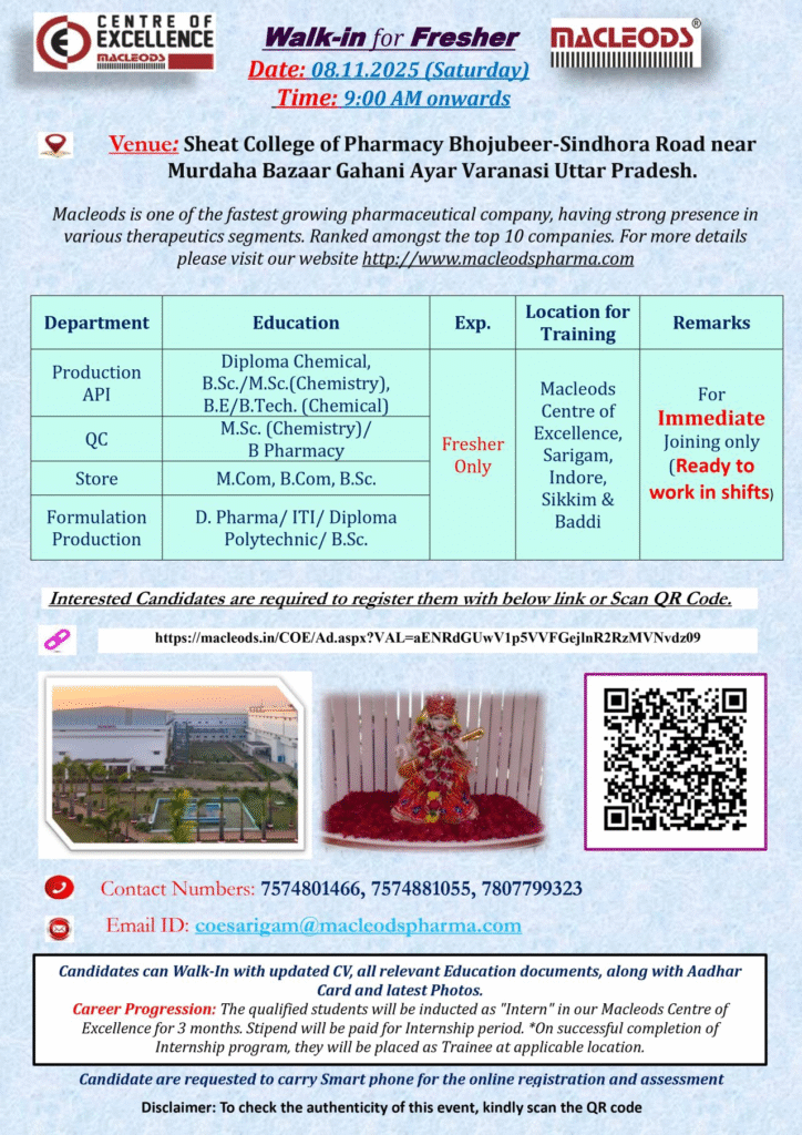 Freshers Needed In Production, Store, Quality Control At Macleods Pharmaceuticals Freshers Needed In Production, Store, Quality Control At Macleods Pharmaceuticals