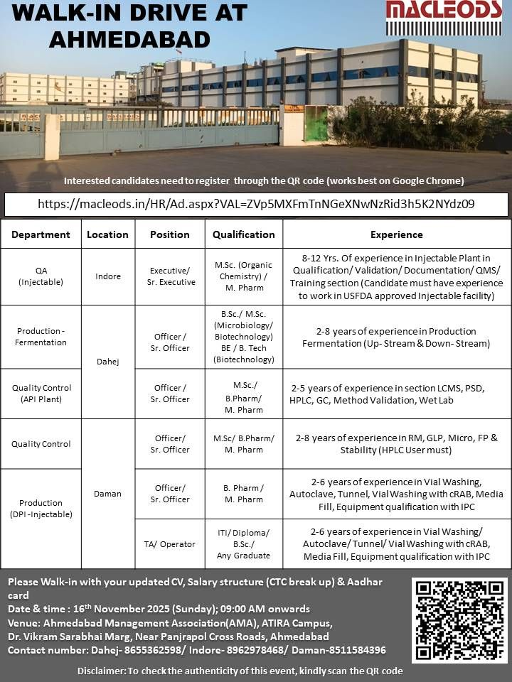 Macleods Hiring For Production / Quality Control / QA Macleods Hiring For Production / Quality Control / QA