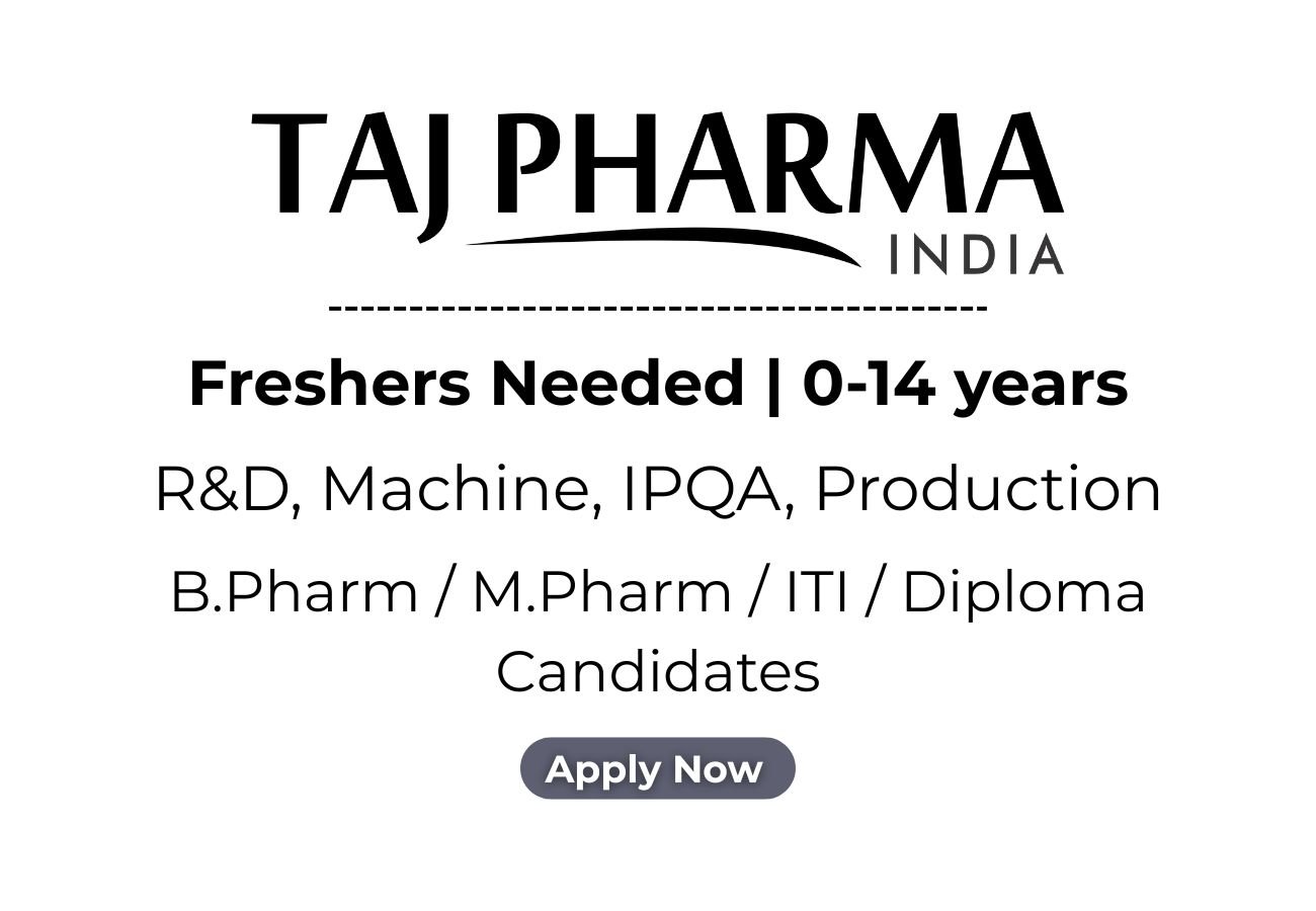Freshers Needed In R&D, Machine, IPQA, Production At Taj Pharma