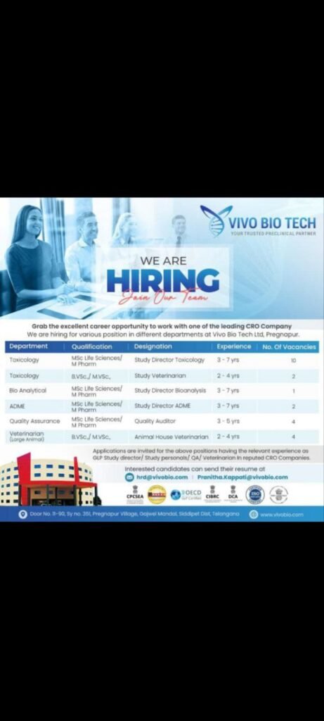 Vivo Bio Hiring For Bioanalytical, Quality Assurance, Toxicology, ADME