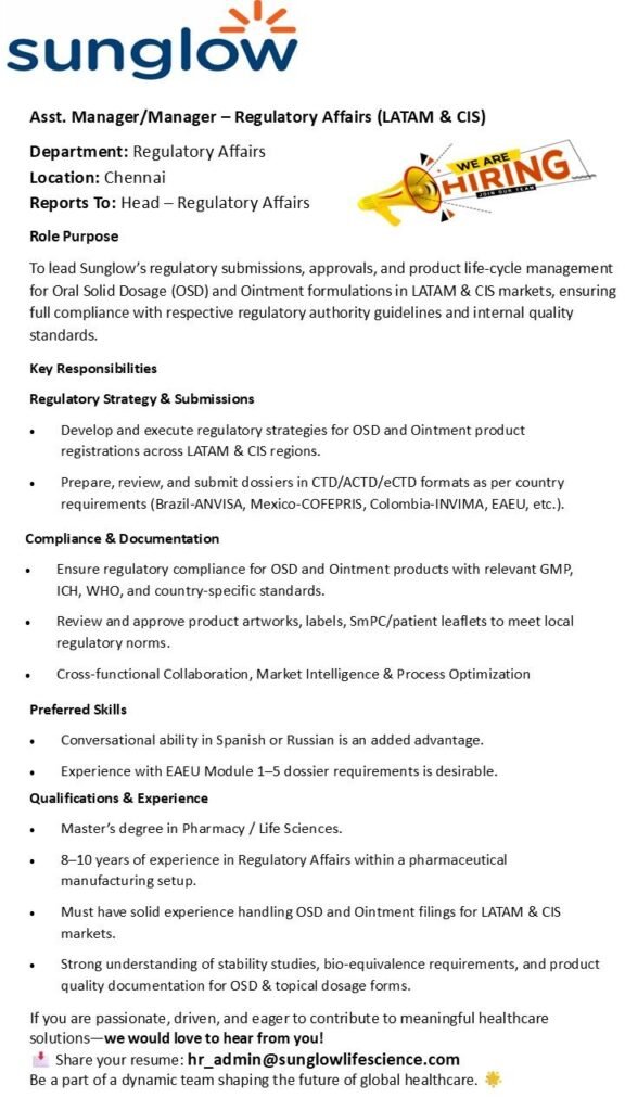 Sunglow Lifescience Hiring For Regulatory Affairs