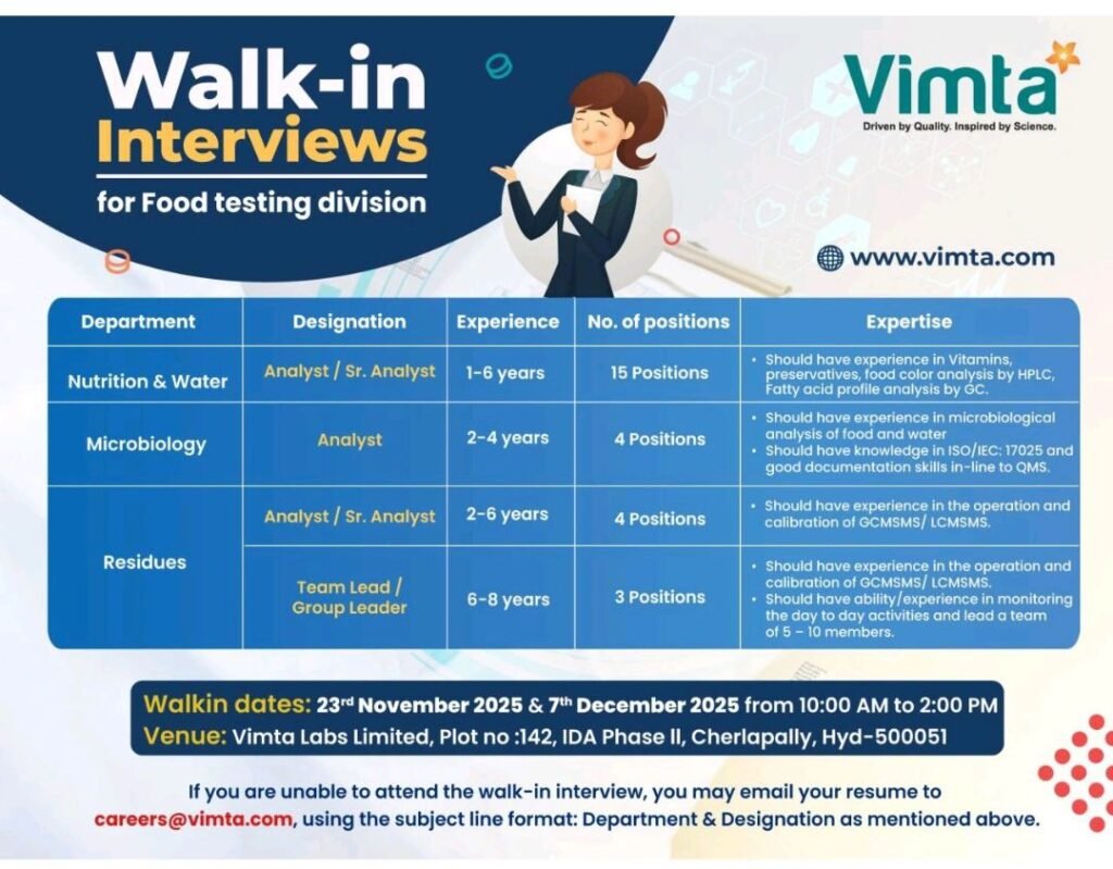 Vimta Labs Hiring For Nutrition & Water, Microbiology, and Residue Vimta Labs Hiring For Nutrition & Water, Microbiology, and Residue