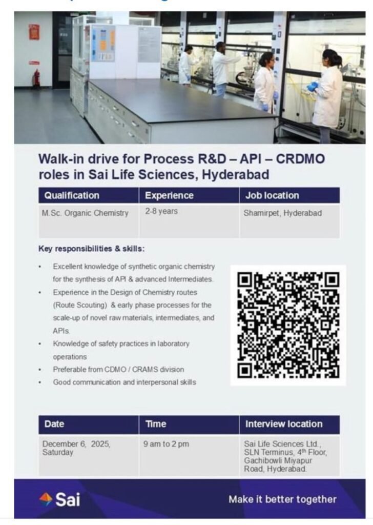 Sai Life Sciences Hiring For Process R&D – API – CRDMO Sai Life Sciences Hiring For Process R&D – API – CRDMO