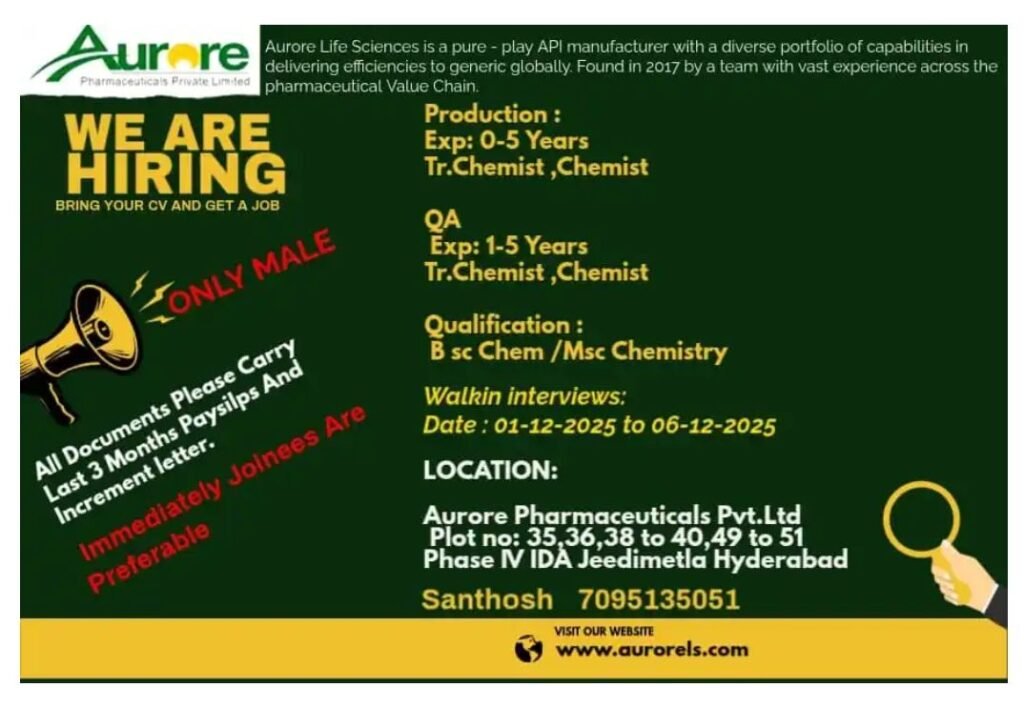 Freshers Needed In Quality Assurance, Production At Aurore Pharmaceuticals Freshers Needed In Quality Assurance, Production At Aurore Pharmaceuticals